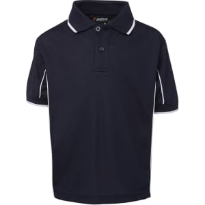 A navy blue polo shirt with white piping, featuring a collar and short sleeves, includes a branding logo.