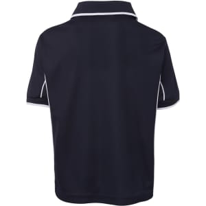 A navy polo shirt with white piping, featuring a collared neck and short sleeves, showing the back view.
