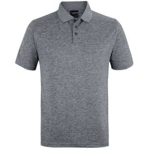 A black marle polo shirt with a classic collar and three-button placket, featuring a logo on the inside.