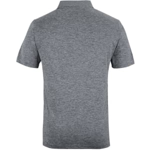 A black marle polo shirt with a short sleeve and a collar, featuring a logo on the shirt.