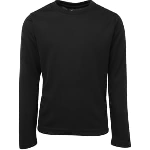 A black long-sleeve t-shirt with a round neckline and a logo on the front. Made from a lightweight material.