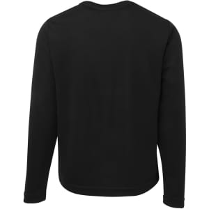 A black long-sleeve T-shirt featuring a textured back and a simple design. It includes a logo.