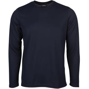 A long-sleeve T-shirt in navy blue with a round neck and a branded label inside.