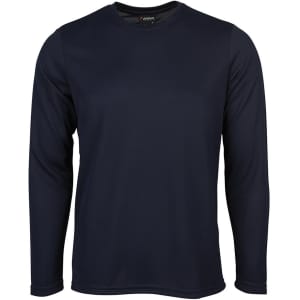 A long-sleeve navy T-shirt with a round neckline and a logo on the tag.