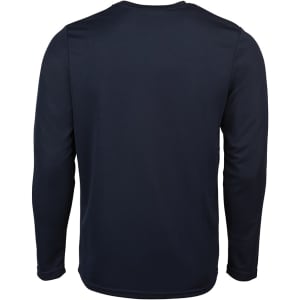 A dark navy long-sleeve t-shirt with a plain back and a logo on the neck area.
