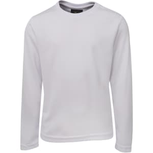 A long-sleeve white T-shirt featuring a textured fabric and a logo on the collar.