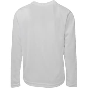 A white long-sleeve T-shirt with a textured fabric, featuring a simple back design and a small logo.
