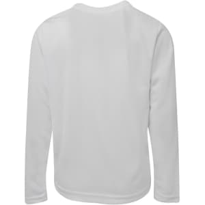 A long-sleeve white T-shirt with a plain design and a logo on the back.