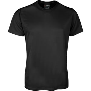 A black short-sleeved T-shirt with a smooth texture and a logo on the neckline.