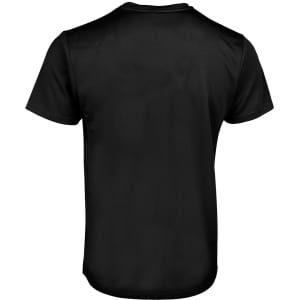 A plain black T-shirt featuring a logo on the back.