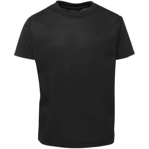 A black t-shirt with a classic crew neck design and a logo on the label.