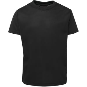 A black T-shirt with a round neckline and short sleeves, featuring a logo on the inside label.