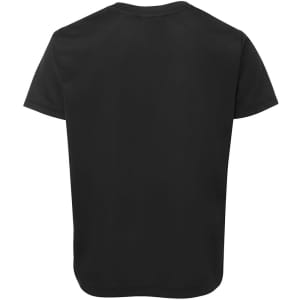 A black T-shirt with a simple design and a logo on the back.