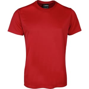 A red T-shirt featuring short sleeves and a round neckline, with a logo on the label.