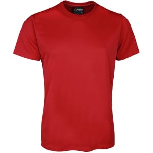 A red T-shirt featuring a round neck and short sleeves, with a logo on the collar.