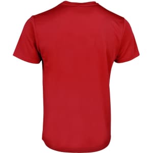 A red T-shirt featuring a plain back design and a brand logo.