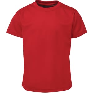 A red t-shirt with short sleeves and a round neck, featuring a logo on the front.