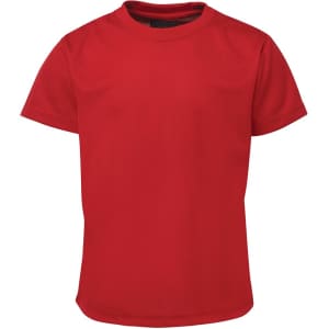 A red T-shirt featuring a crew neckline and short sleeves. Includes a logo on the label.