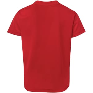 A red T-shirt with a plain back and short sleeves, featuring a logo on the neck.