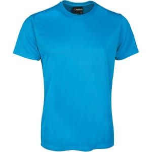 A short-sleeved, light blue T-shirt featuring a logo on the neck.