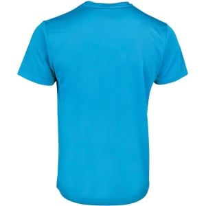 A blue T-shirt with a smooth fabric texture and a crew neck, featuring a logo on the back.