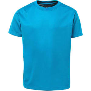 A bright blue T-shirt with short sleeves and a round neckline, featuring a logo on the label.