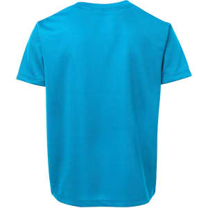 A bright turquoise T-shirt with a simple design and short sleeves, featuring a logo on the back.