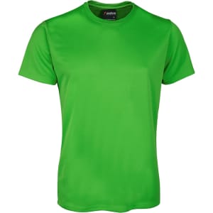 A green T-shirt with a round neckline and short sleeves; features a logo on the label.