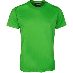 A green T-shirt made from a smooth fabric, featuring a logo on the neckline.
