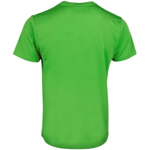 A green T-shirt featuring a plain design and a logo on the back.