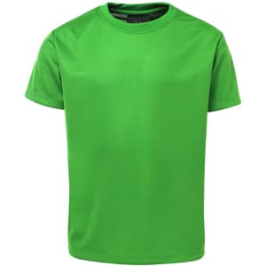 A bright green T-shirt with short sleeves and a textured fabric. The shirt has a logo on the neckline.