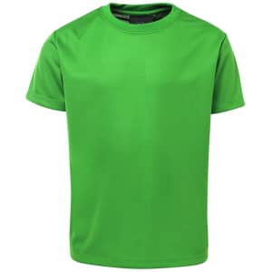 A green T-shirt with a simple design and a logo on the label at the neckline.