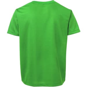 A green t-shirt featuring a logo on the back, designed in a casual style.