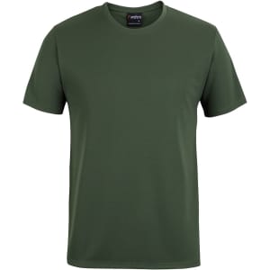 A green t-shirt with a round neckline, short sleeves, and a logo on the collar.
