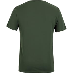 A green T-shirt is displayed, featuring a simple design and a logo on the back.