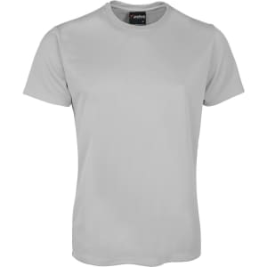 A grey T-shirt with short sleeves and a round neckline, featuring a brand logo on the inside label.