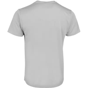 A plain grey T-shirt with a crew neckline and short sleeves, featuring a logo on the back.
