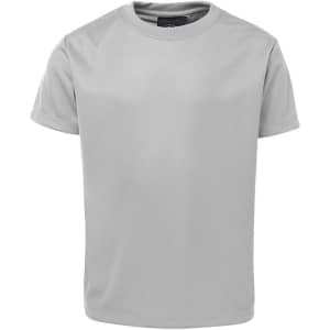 A light grey T-shirt with short sleeves and a round neckline, featuring a small logo on the label.