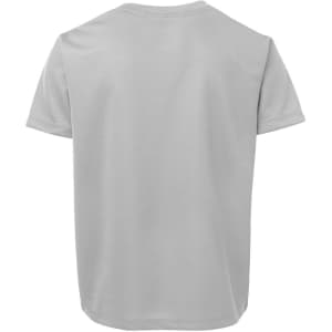 A grey T-shirt featuring a logo at the back, designed in a simple style.