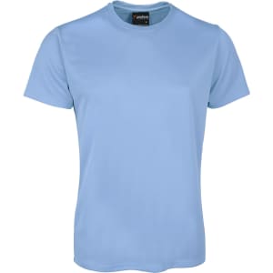 A light blue t-shirt with a round neckline and short sleeves, featuring a logo on the label.