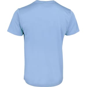 A light blue T-shirt with a plain back, featuring a logo on the back.