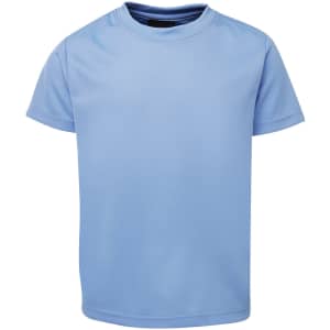 A light blue t-shirt with short sleeves, featuring a logo on the front.