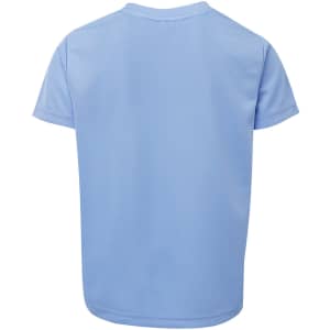 A light blue T-shirt with a plain design and short sleeves, featuring a logo on the back.