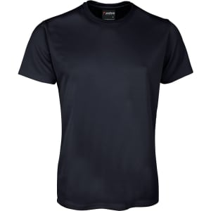 A black T-shirt with short sleeves and a smooth finish, featuring a logo on the collar.