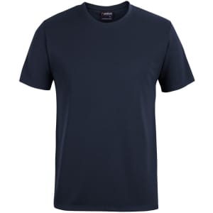 A navy blue T-shirt with a round neckline and short sleeves, featuring a logo.
