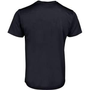 A black t-shirt featuring a smooth, simple design and a standard crew neck. It has a logo on the back.