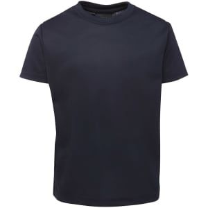 A navy blue t-shirt featuring a simple design and a logo on the label.