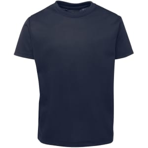 A navy blue T-shirt featuring a crew neck design and a small logo.