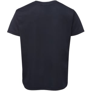 A black t-shirt with short sleeves, featuring a simple design and a branding logo.