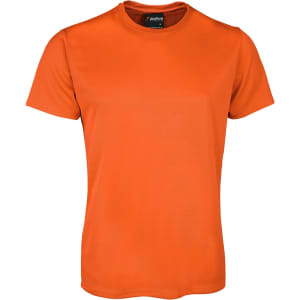 An orange T-shirt featuring a logo on the collar.
